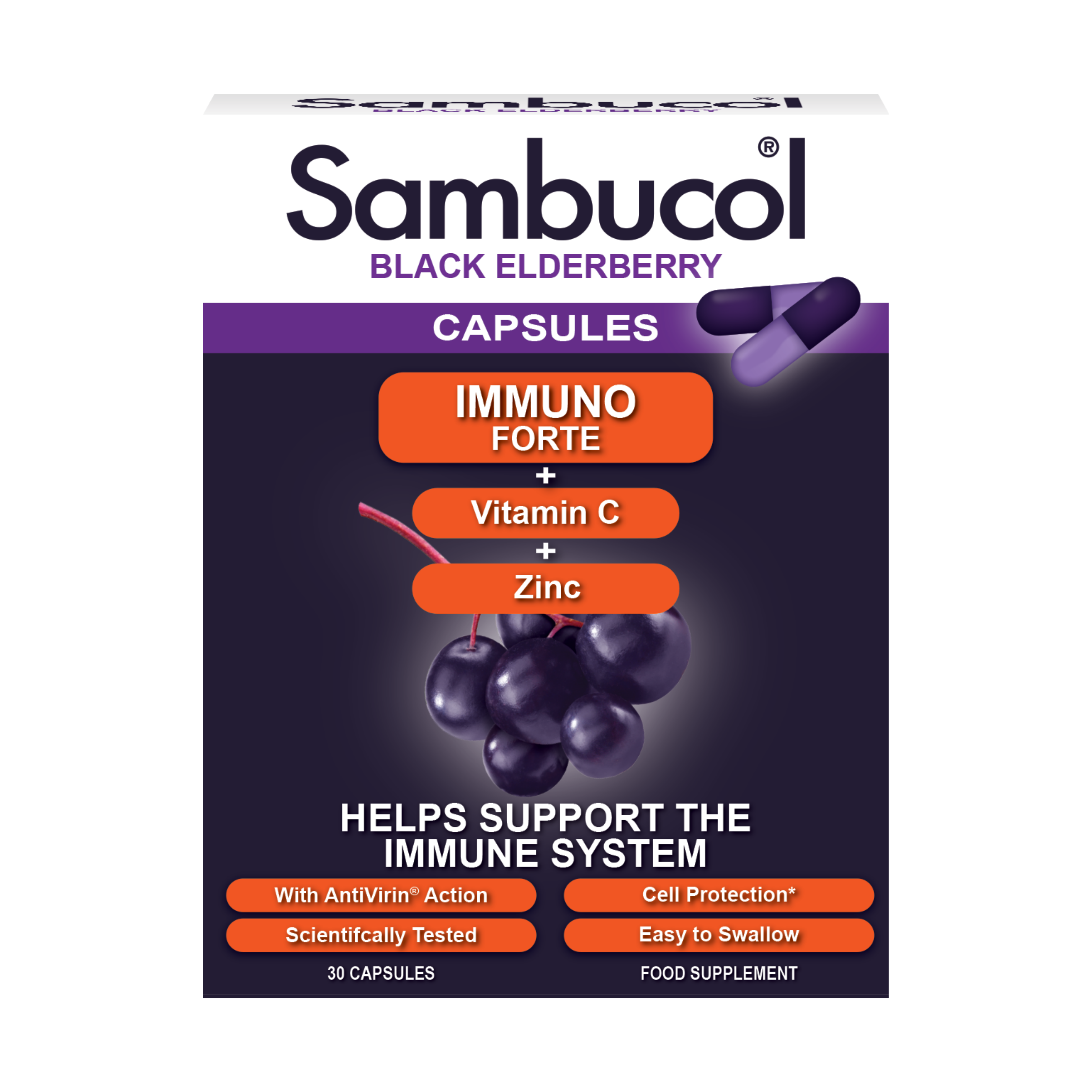 SAMBUCOL IMMUNO FORTE, juoduogio šeivamedžio kapsulės, 30kap.